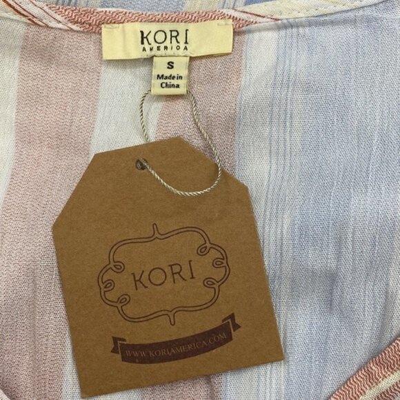 NEW NWT KORI Salmon & Blue Striped Tassel Top Beach Coverup V-neck Oversized Sm - Picture 8 of 9